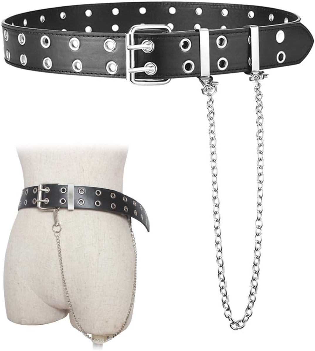PU lederen riem met dubbel gat voor jeans broek, zwart, uniseks, volwassenen, 110 cm