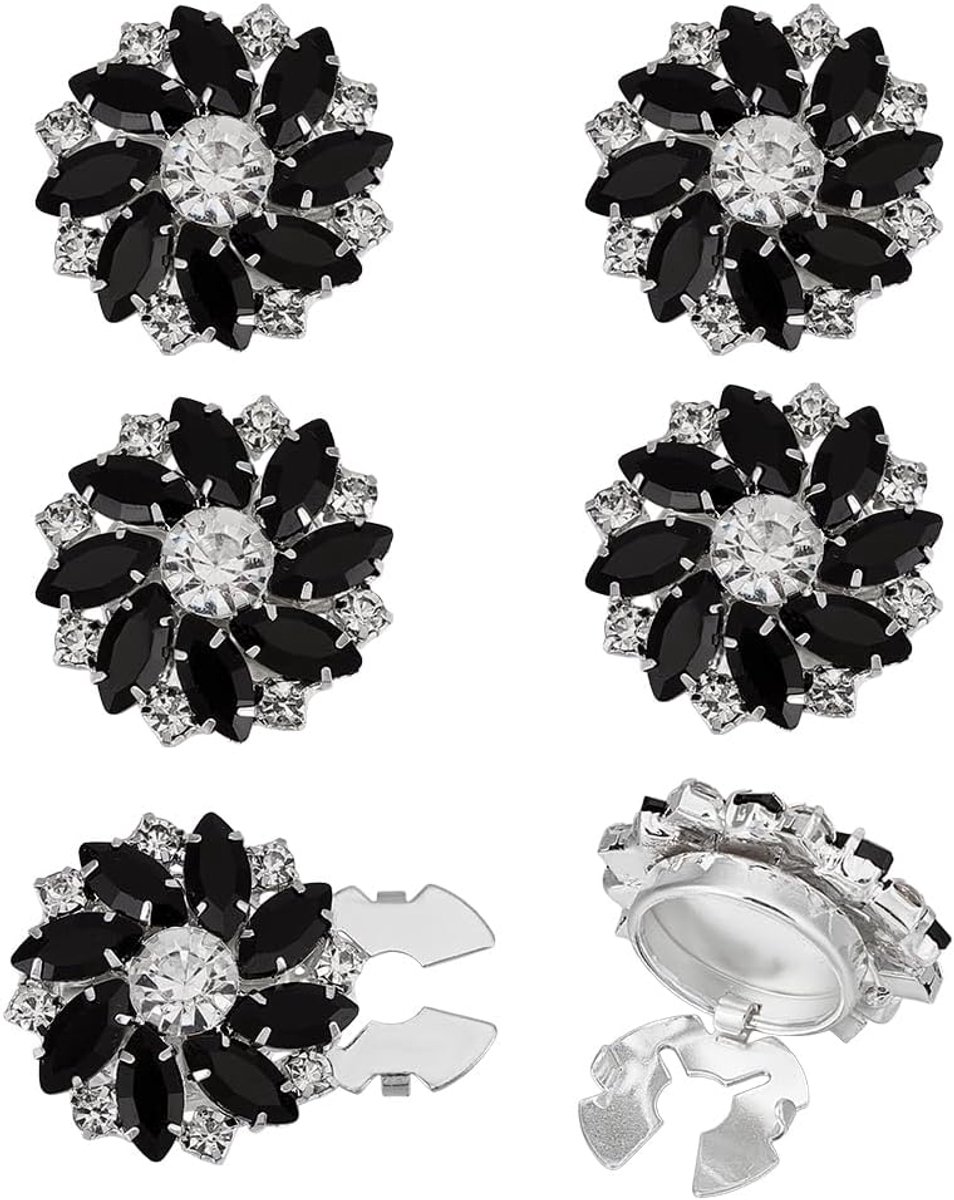 6 stuks dames knopafdekking met strasssteentjes zwarte manchetknopen knopafdekking van kristal 25,5 mm diameter bloemenvorm afneembare drukknoopclips van legering knopen
