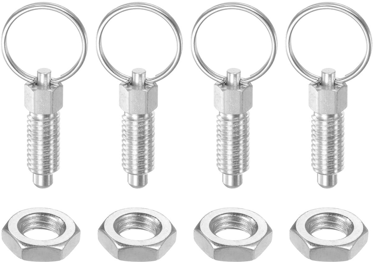 4 stuks veernaalden met trekring, schroefdraadmaat M8 x 1,25 lengte 0,63 inch diameter naald 5 mm ronde kop koolstofstaal naaldvergrendeling niet intrekbaar industrieel
