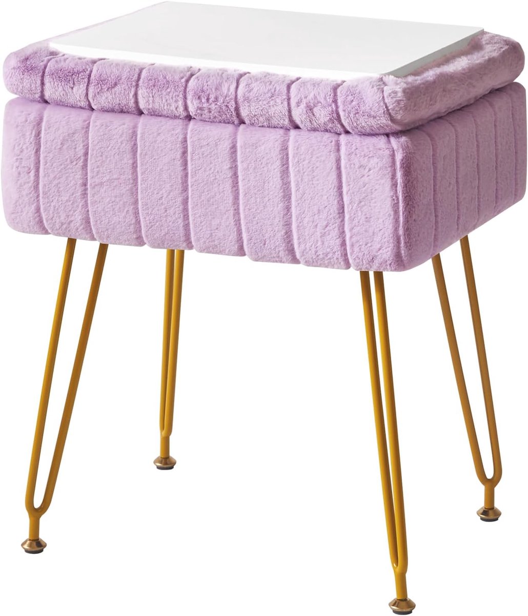 IJdelheid kruk stoel met opbergruimte, faux fur Ottoman, paars L/G-50V | Voetsteun voetenbank kleine bijzettafel 4 metalen poten anti-slip voeten make-up kamer slaapkamer