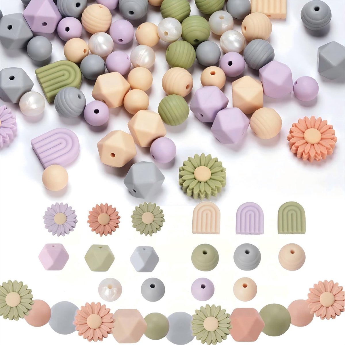 Kralen, bloemenkralen, rubber, losse madeliefjes, regenboogkleuren, siliconen kralen, bulk, met nylon touw voor doe-het-zelf rijgkralen, sleutelhangers, knutselen, armband
