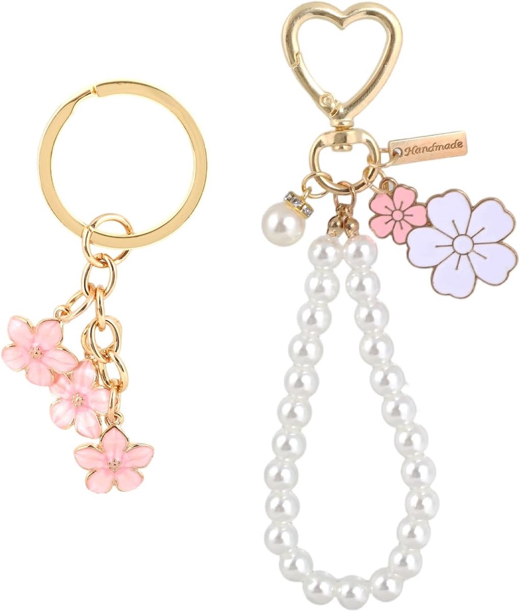 2st Parelbloem Sleutelhangers, Elegant Parel Wit Roze Bloemen Sleutelhanger Polsbandje voor Vrouwen Portemonnee en Autosleutels Bloemenaccessoires