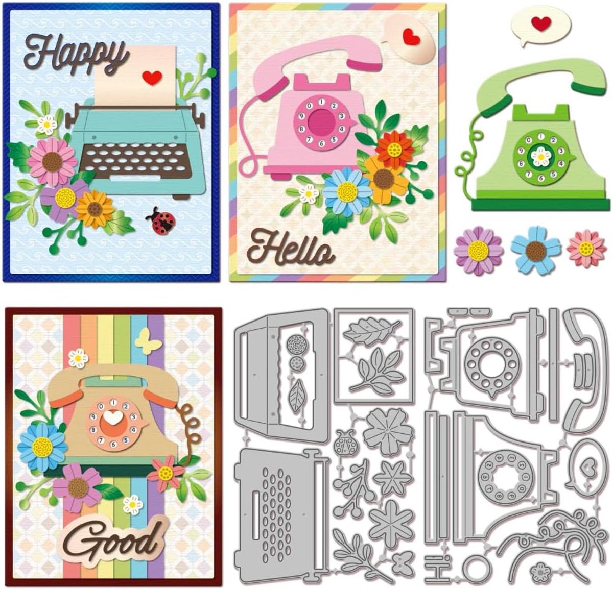 Vintage Schrijfmachine Bloem Snijden Matrijzen Voor Kaarten Maken Telefoon Handset Metalen Die Cuts Stencils Voor Diy Scrapbooking Embossing Album Decoratie