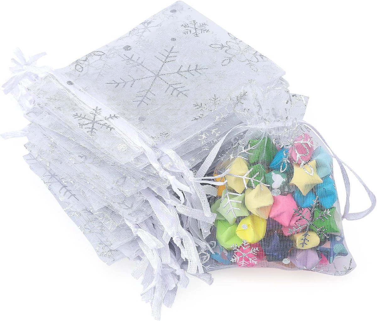 Organzazakjes, 7 x 9 cm, wit, 100 stuks, klein cadeau, organzazakjes, sneeuwvlokken, organzazakjes met trekkoord, als cadeau, kerstdecoratie