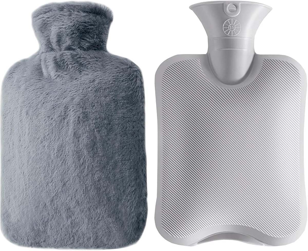 Warmwaterkruik met hoes, premium natuurlijk rubber, 2 liter warmwaterkruik, grote bedfles, wollig, lekvrij, warmwaterkruik, lang warm pluche, veilig en duurzaam, voor het gezin (grijs)