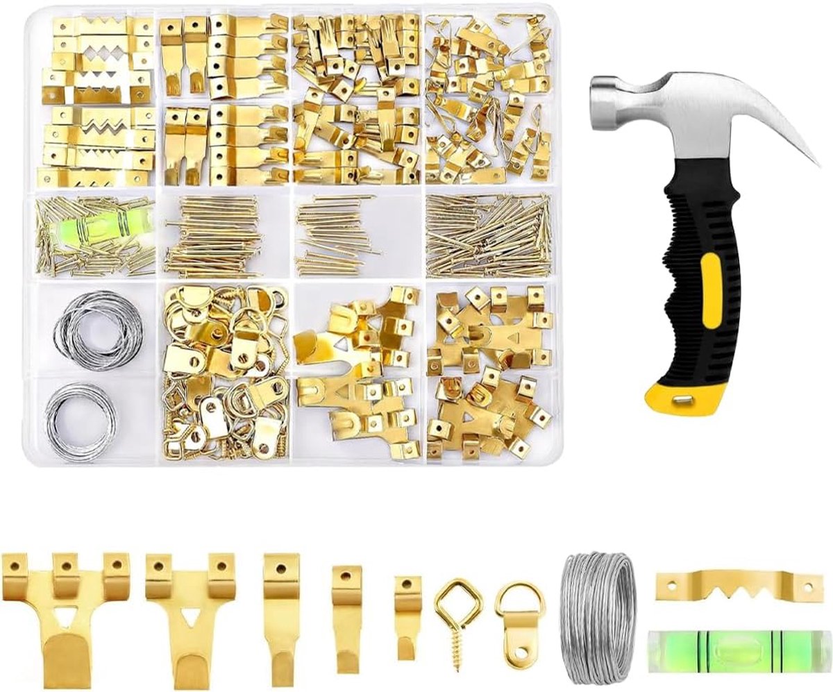 331 stuks foto opknoping kit, foto hangers, zware frame haken assortiment met foto draad, D ringen, hardware nagels, ooghaken, gouden zware frame haken voor frames montage