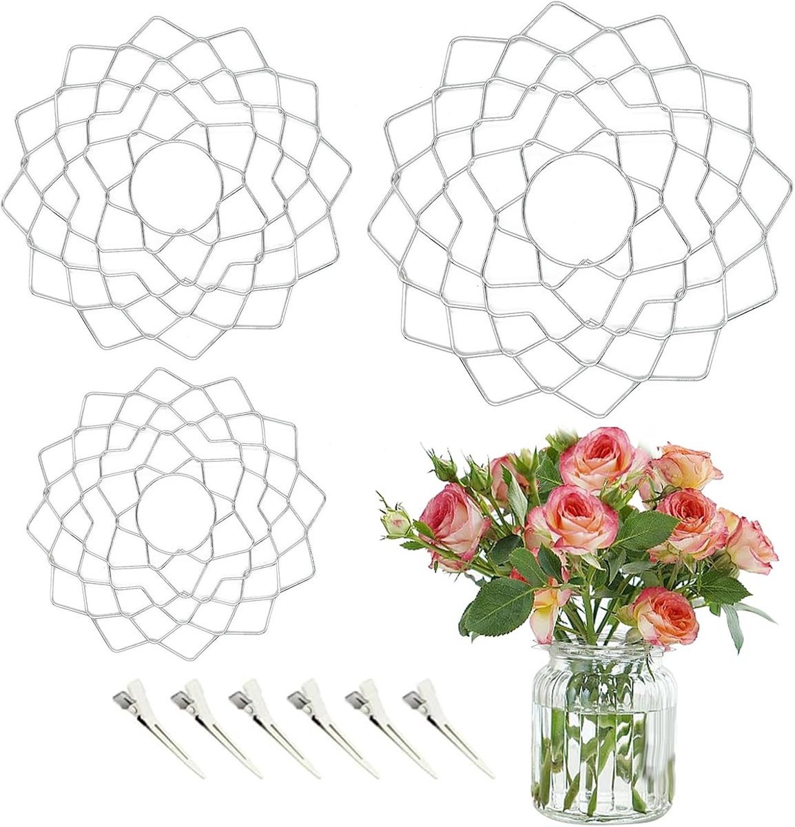 Stemhouder voor Bloemen, 3 Stuks Kenzan Stitch Cone, Ideaal voor Ikebana en DIY Bloemarrangementen met 6 Duck Bill Clips