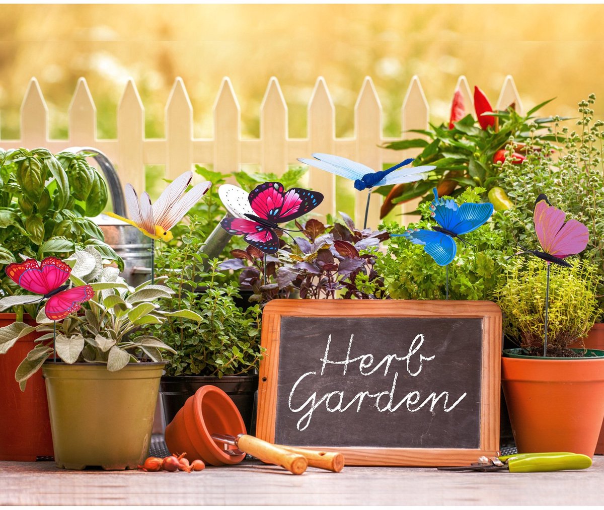 24-delige Tuin Decoratie Set - Kleurrijke Vlinders & Libellen op Stokjes - Plantenstekers voor Bloempotten, Gazon, Terras & Buiten Tuinversiering - Decoratieve Tuinornamenten voor Planten en Bloembedden