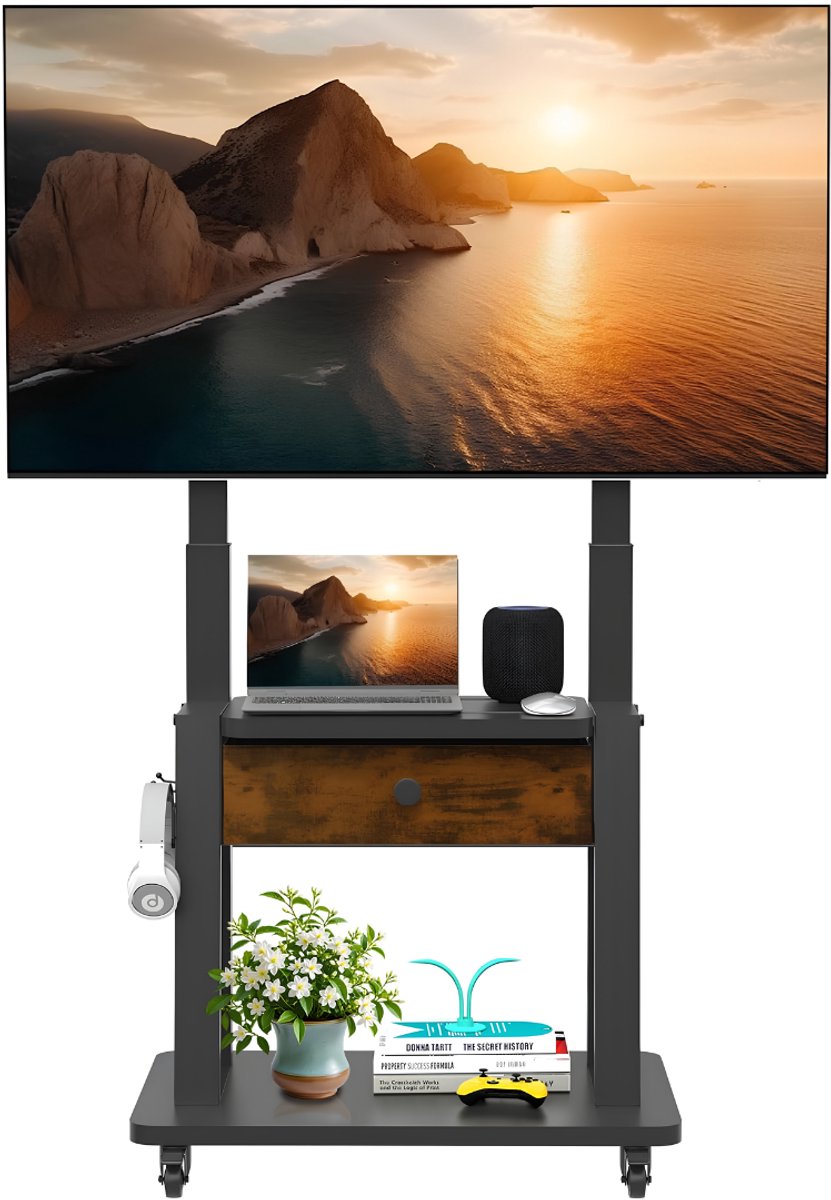 Lìon® TV Standaard Verijdbaar - TV Vloerstandaard - TV Standaard Verrijdbaar - Zwart - 70cm x 51cm x 154cm