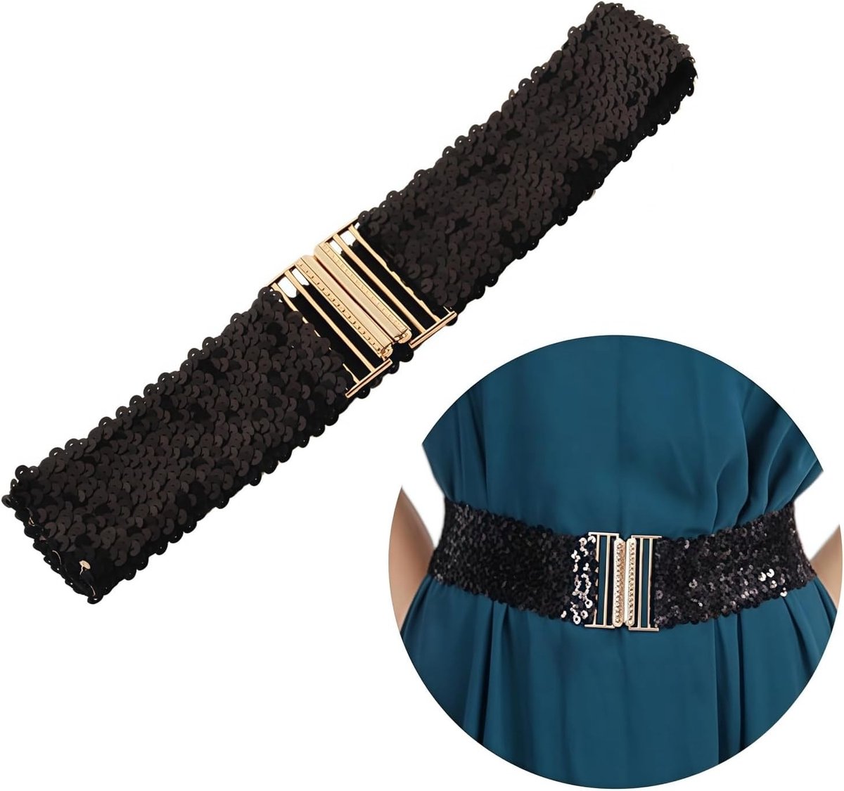 Paillettenriem voor dames, rekbare glanzende riem uit de jaren 80, brede riem met metalen gesp voor disco, party en Halloween kostuums