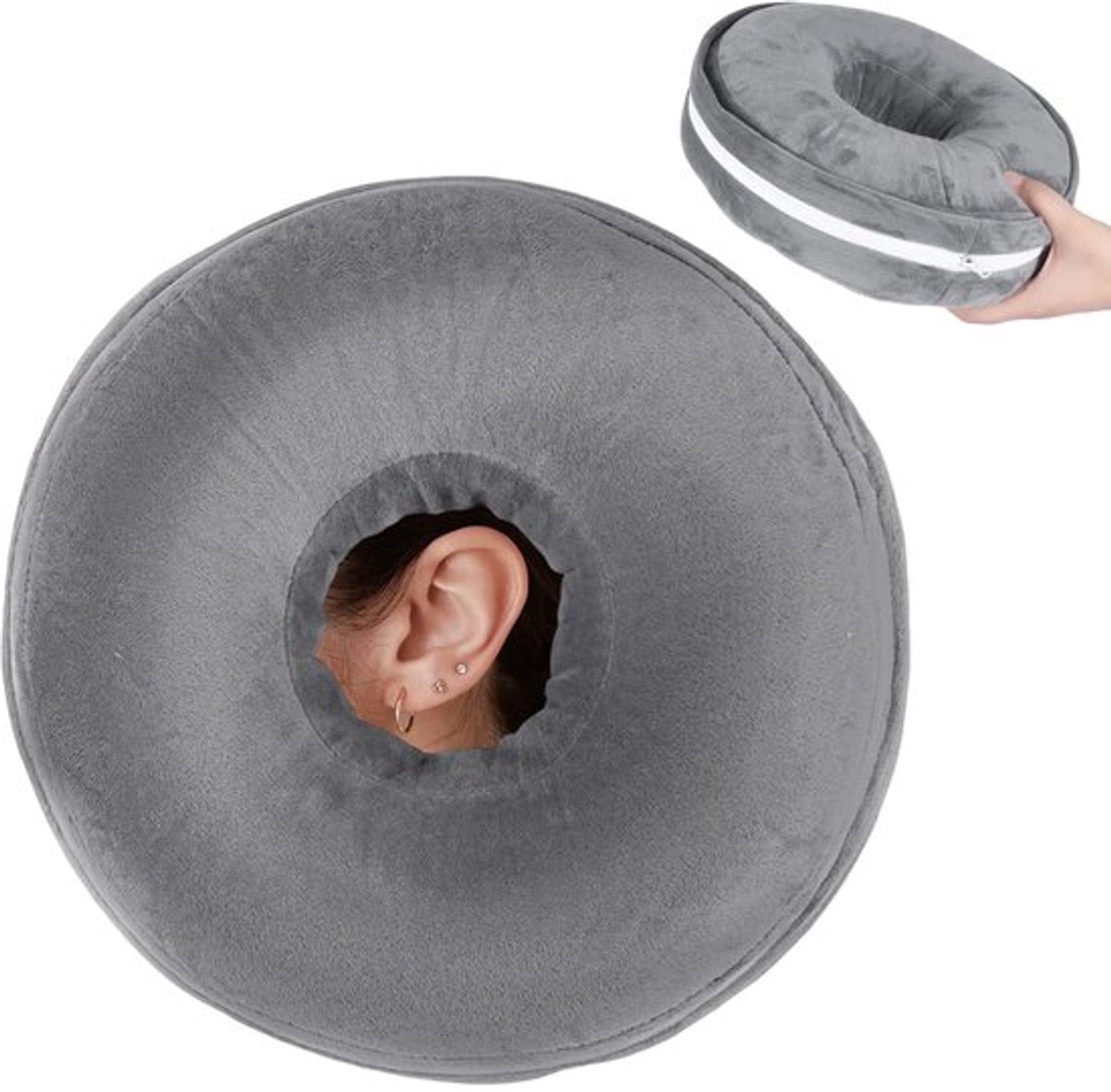 Oorpiercingkussen - Donutkussen voor zijslapers - Pijnverlichting - Afneembare pluche kussensloop - Wasbaar - Gat van 10 cm