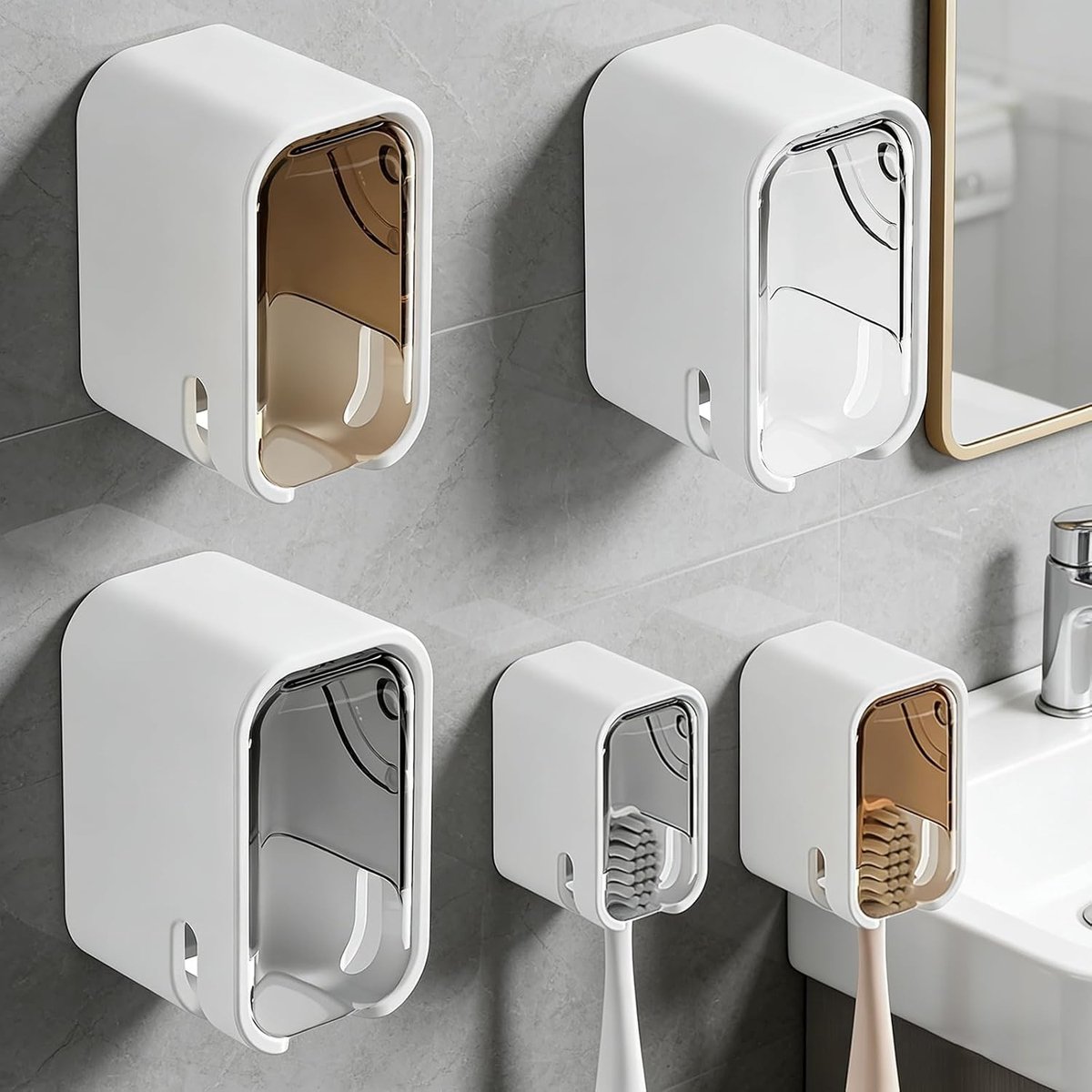 Wandtandenborstelhouder met Deksel - Heldere Acryl - Voor 4 Tandenborstels - Zelfklevend en Hygiënisch - Voor Badkamer en Reizen