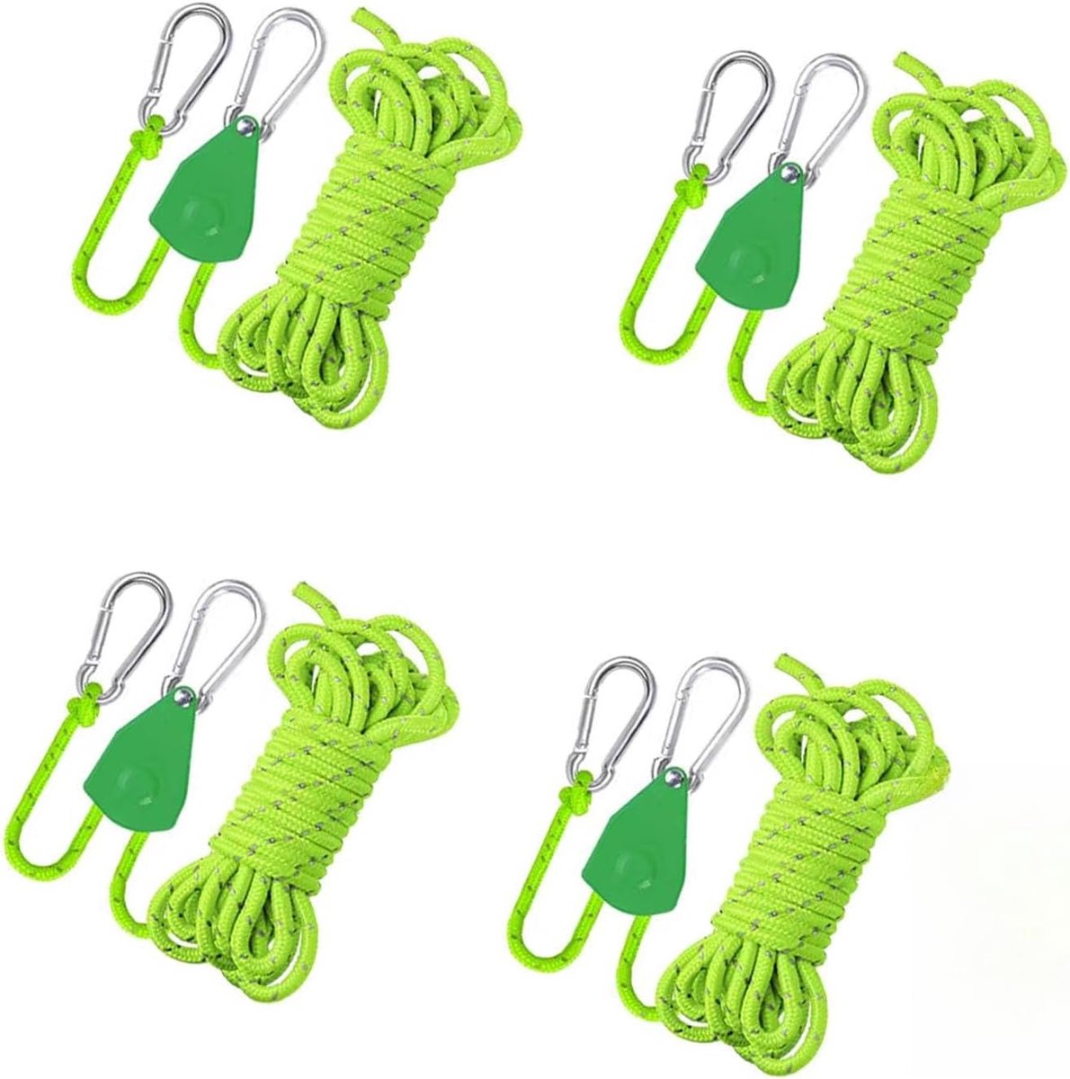 4 stuks verstelbare campingtouw, 4 m scheerkabel met ratel, verstelbare ratelhanger, reflecterend scheertouw, winddicht tentkoord voor outdoor, camping, zonnezeil (groen)