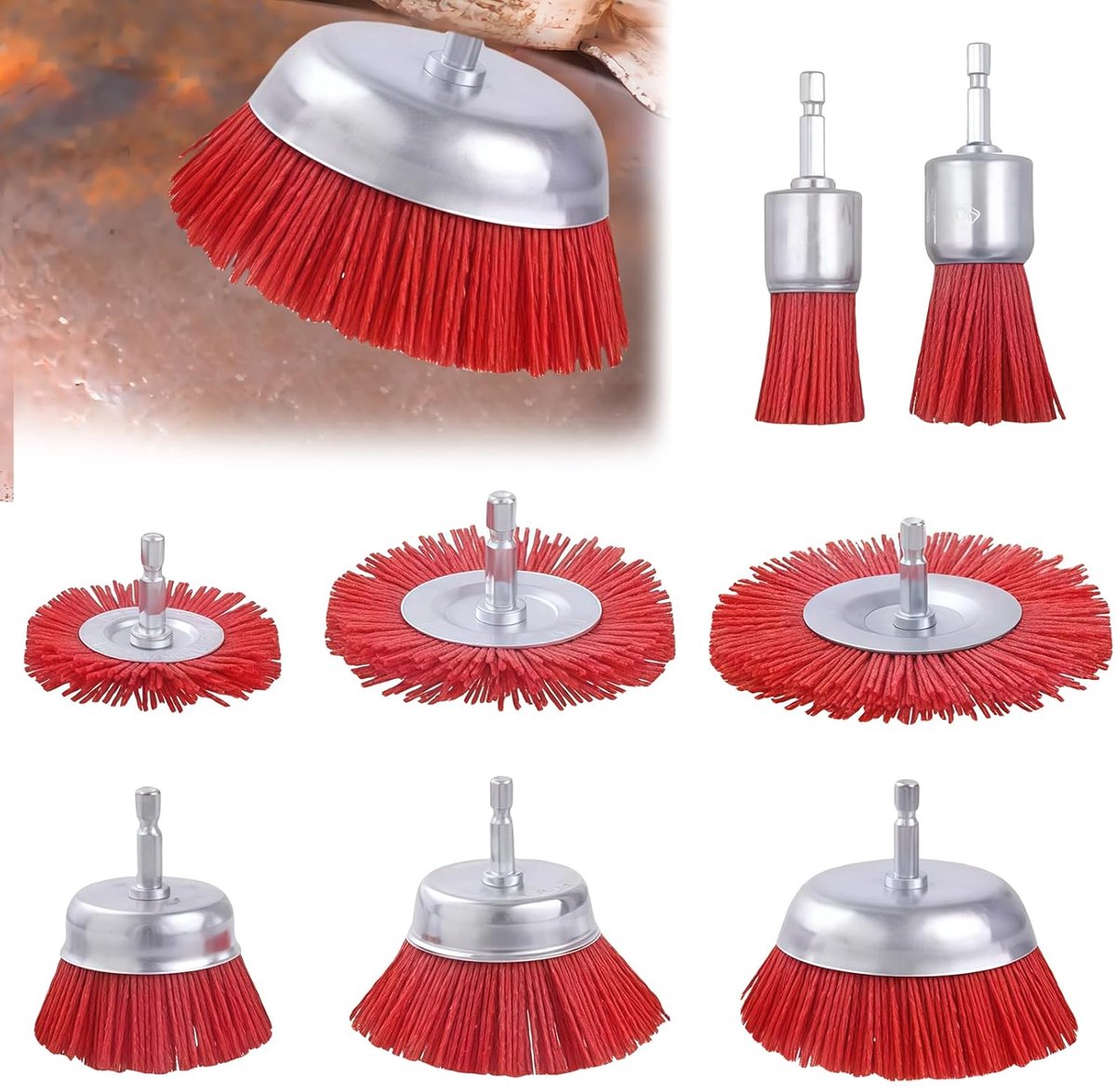 Potborstel: 8 stuks nylon filament-schuurmiddel, potborstel nylon fijnkorrelig, schroefkomtype potborstel, nylonborstel, boormachine voor verfverwijdering, vuilreiniging