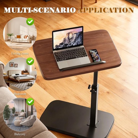 360° draaibare bijzettafel, C-vorm, in hoogte verstelbaar, nachtkastje, koffietafel, salontafel met metalen frame, ruimtebesparend voor kleine ruimtes, met houder voor smartphone en tablet — afbeelding 4