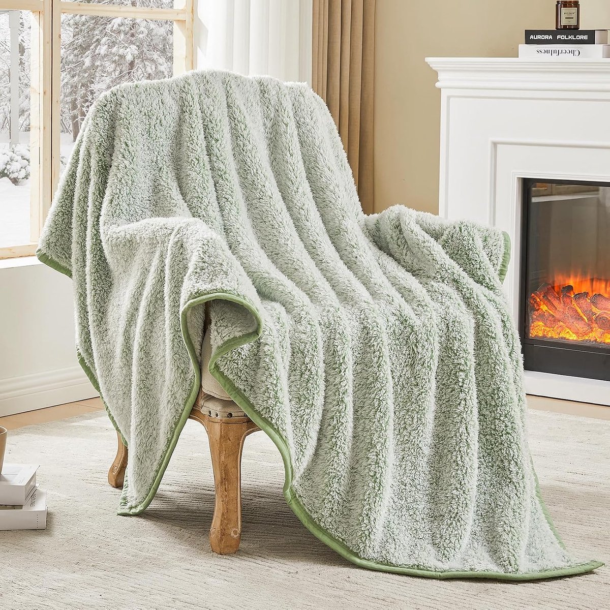 Fuzzy Fleece Warme Sherpa Deken - Ultra Zachte Microfiber Cozy Queen Size - 228 x 228 cm Omkeerbaar, Saliegroen
