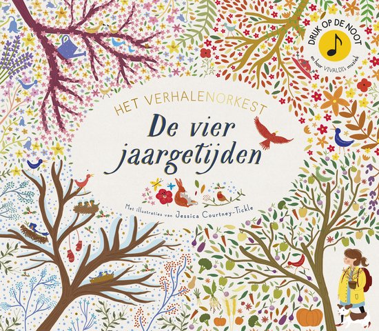 Boekomslag met illustraties van de vier jaargetijden, met vogels, konijnen en groenten. Titel: 'Het verhalenorkest. De vier jaargetijden.'
