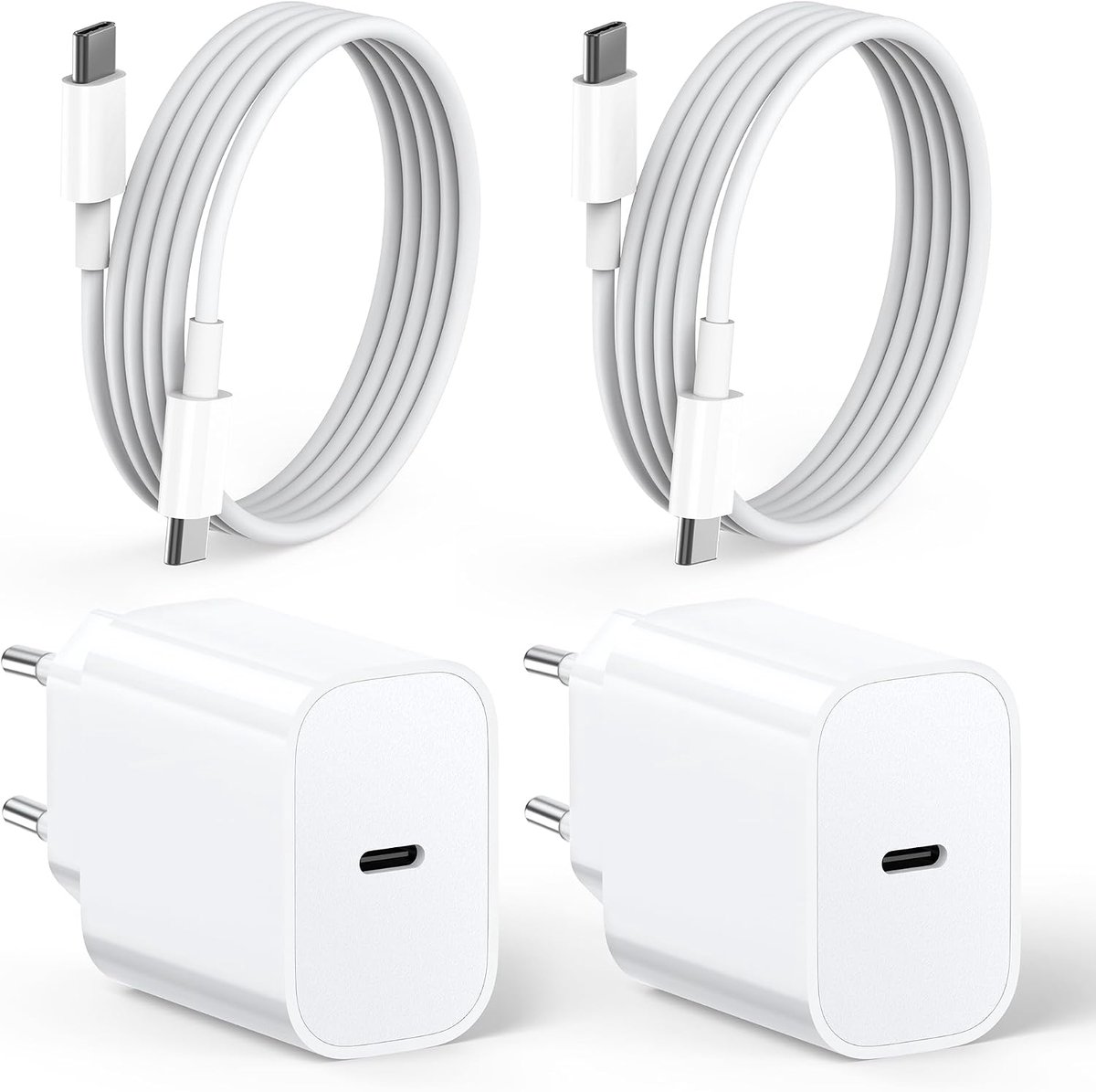 2er Pack 12W USB C Oplader met 2x 2m C-Kabel, 5V/2.4A voor iPhone | 2er Pack 5V/2.4A 12W USB C Stecker stekker mit 2x 2m Kabel voor iPhone 17/16/15, voor iPad mini/AirPods/Handys, Compact