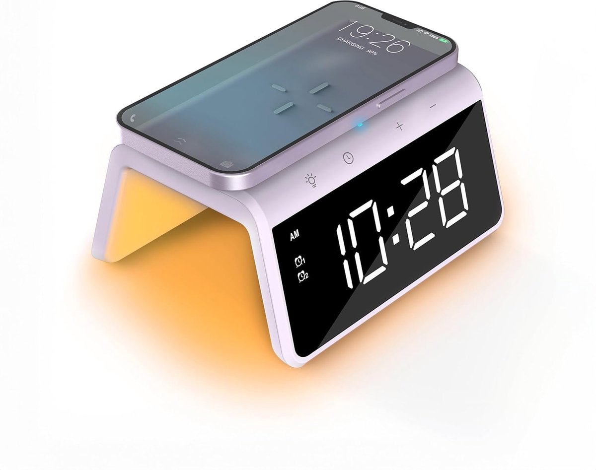 Wekker met draadloze oplader - Digitale Wekker met Wake-up Light - Wekker met Verlichting - Dimbare LED-display - Paars - 140 x 100 x 75 mm