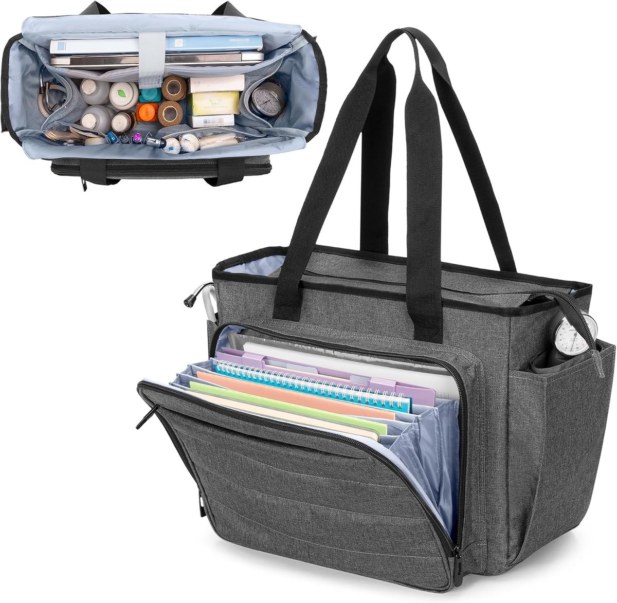 Verpleegkundige werktas, draagbare medische benodigdheden tas met accordeon file organizer zak en 15,6 inch laptophoes voor verpleegkundigen, thuisgezondheid, grijs (patent aangevraagd)