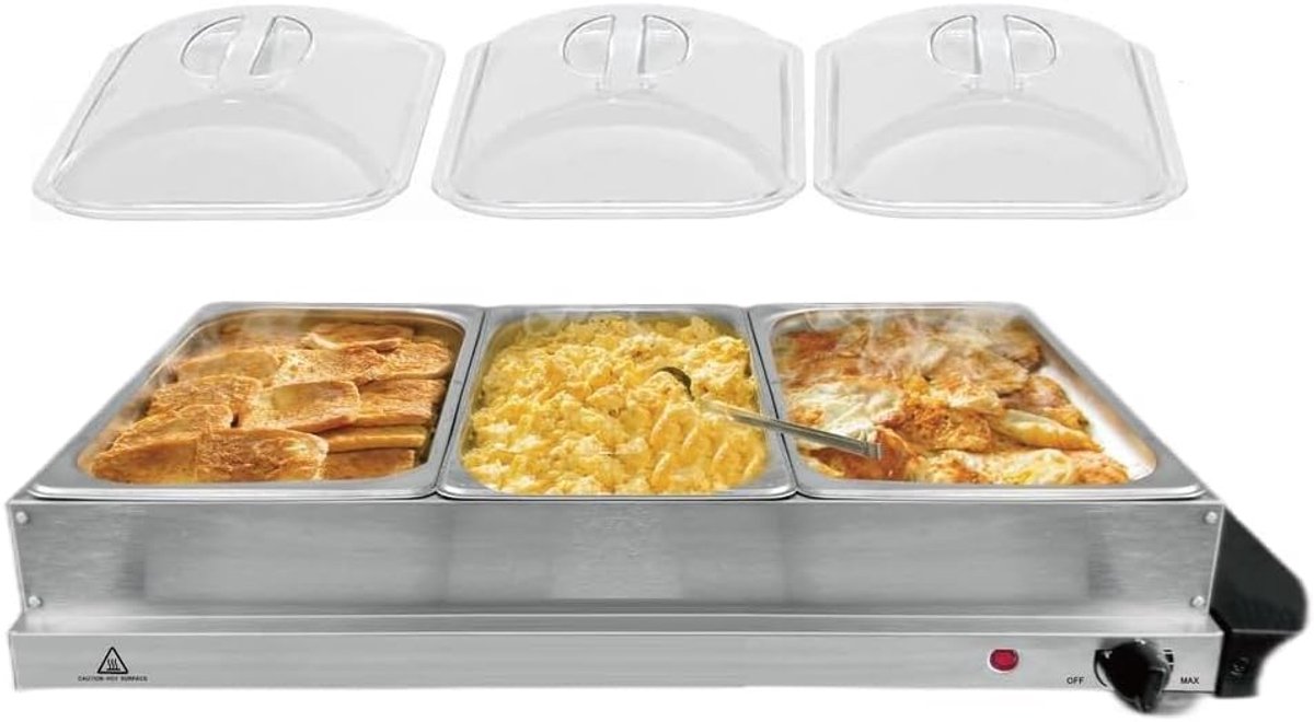 Elektrische voedselverwarmer met 3 containers, 300 W, 3 x 2,5 l, warmhoudcontainer met deksel, 64 x 36 cm