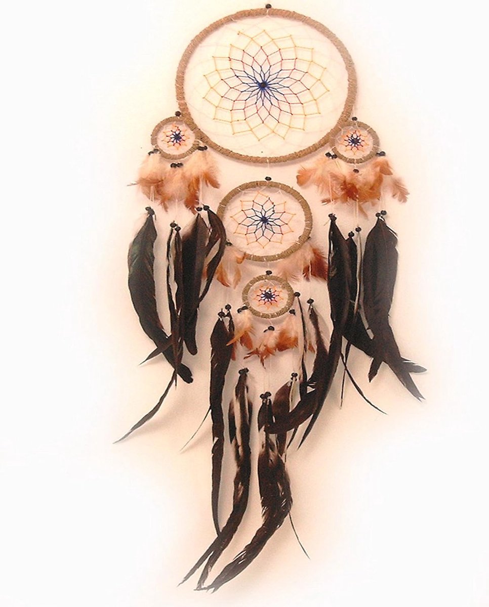 Dromenvanger met echte veren (Dreamcatcher) gekleurd - 22 cm diameter - 70 cm lengte