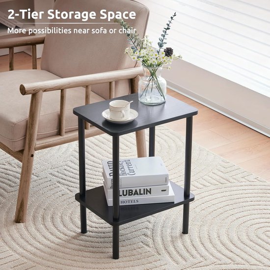 Tafel 2-laags smal nachtkastje opslag bijzettafel, zwart, 40 x 30 x 52 cm, geschikt voor woonkamer, slaapkamer, balkon — afbeelding 3