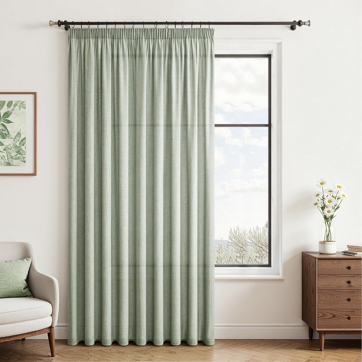 Gordijn woonkamer linnen groene gordijnen gordijnen gordijnen plooiband 245 x 200 cm (h x b) 1-delige set, gordijn linnenlook gordijnen saliegroen halftransparant voor ramen slaapkamer