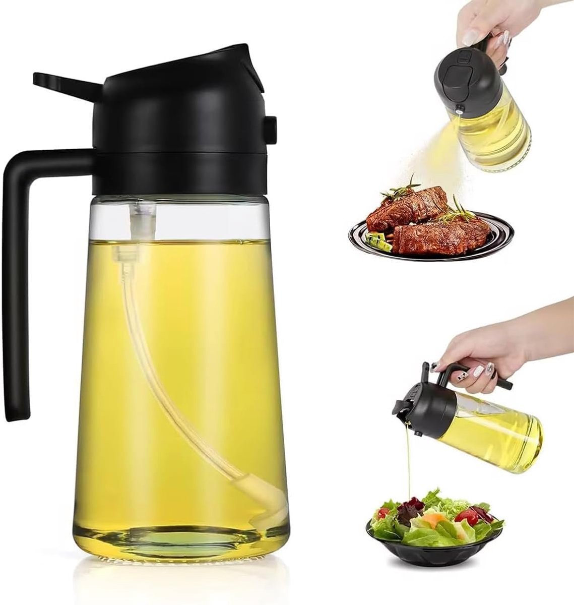 Oliesproeier voor spijsolie 470 ml, 2-in-1 olijfoliespray, oliedispenser en oliesproeier, oliespray voor airfryer, oliesprayer voor koken, grillen, keuken, heteluchtfriteuse, bakken, salade