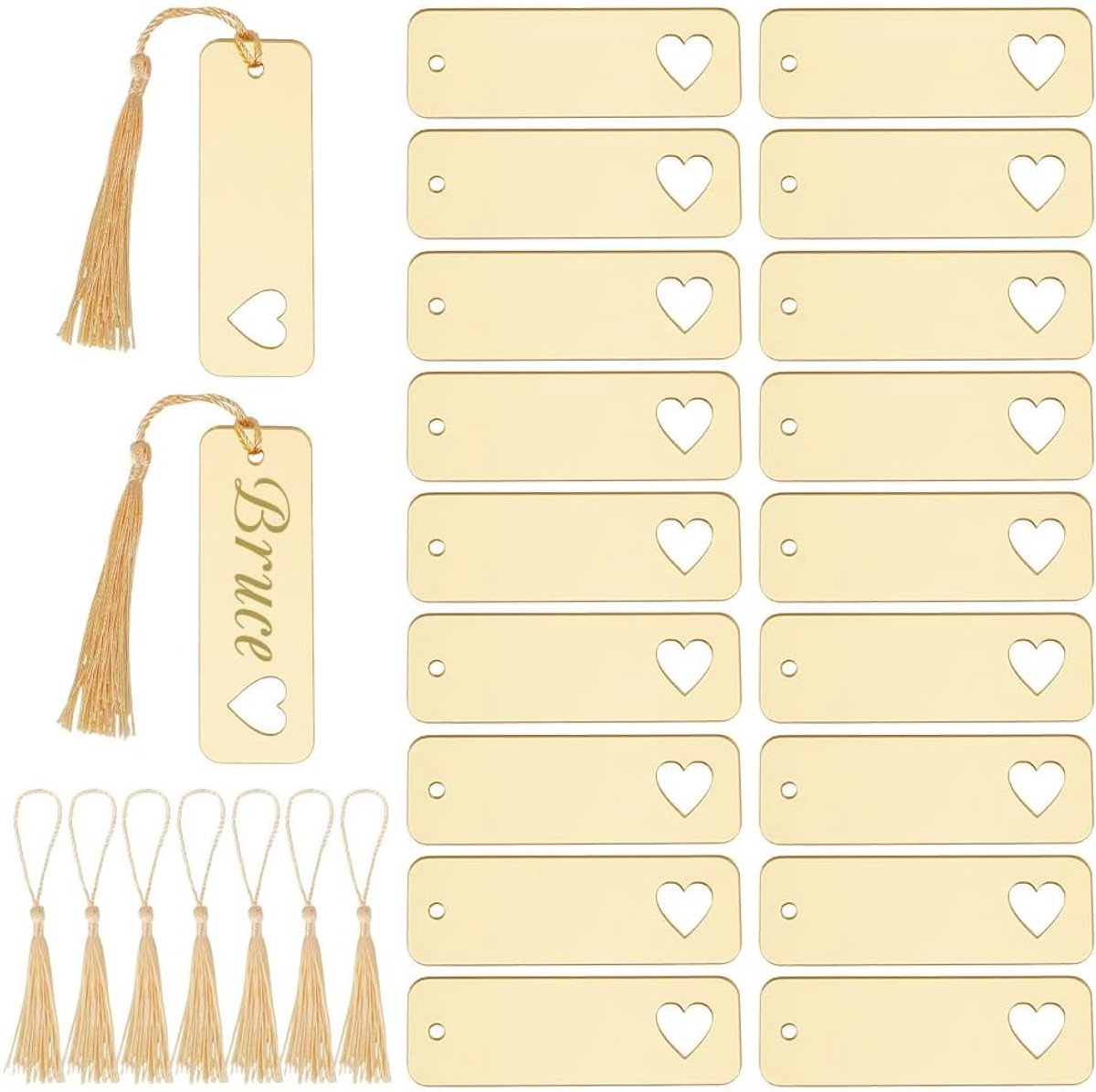 20 stuks hart-uitgesneden spiegel goud acryl bruiloft plaats naamkaarten 8,9 x 2,9 cm, doe-het-zelf blanco hangende tags met kwastje voor bruiloft verjaardagsfeestje verjaardag evenementen