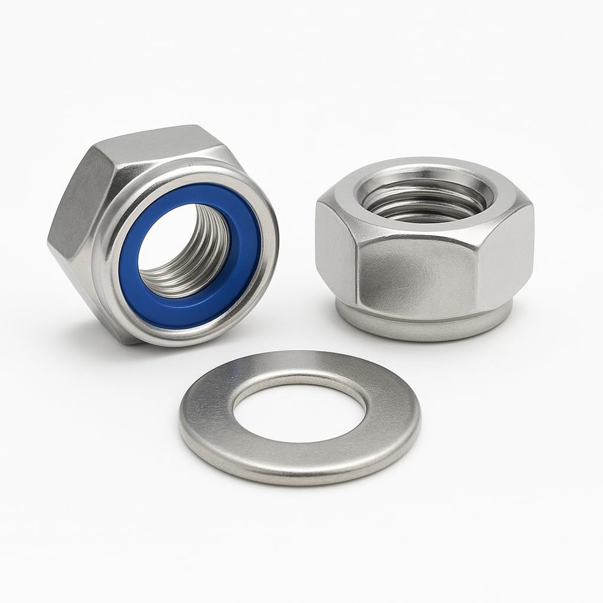 Zeskantmoeren met nylon inzetstuk DIN 985 + sluitringen DIN 125 metrisch M20 (2 moeren + 2 sluitringen) roestvrij staal AISI 304 (A2)
