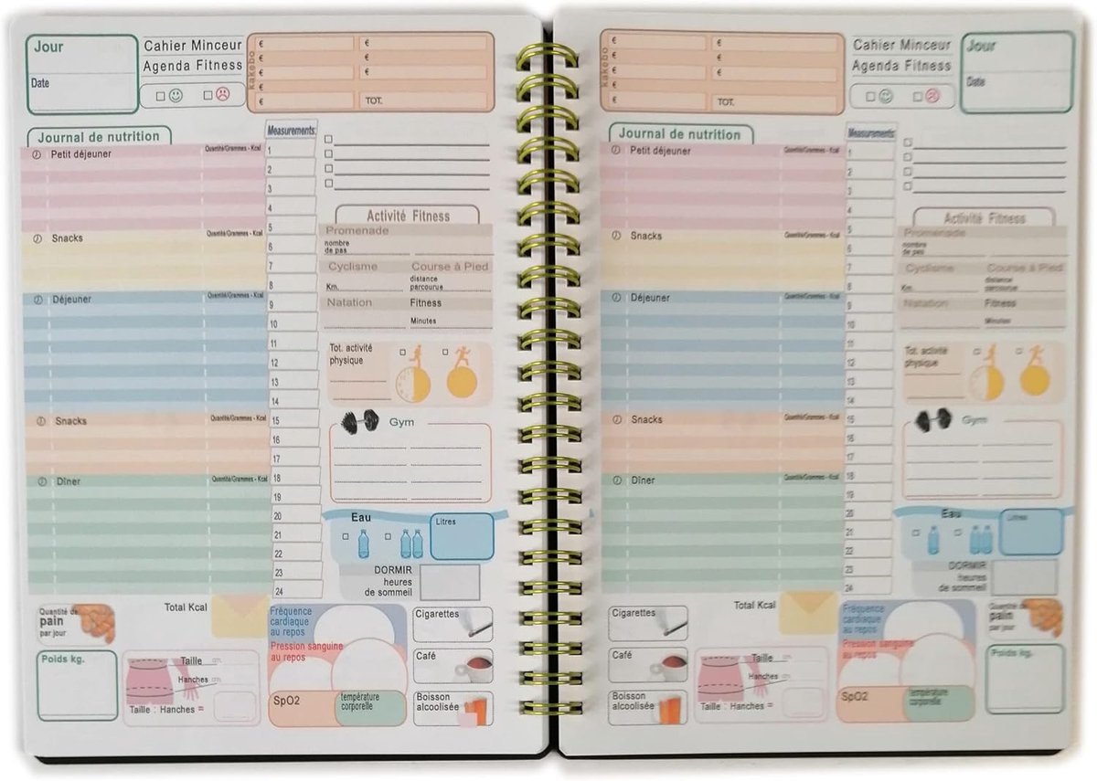 Fitnessplanner, formaat A5, 14,5 x 20,5 cm, 50 vellen (100 dagen), enkele lay-out, met metalen spiraal, zwarte omslag, Frans