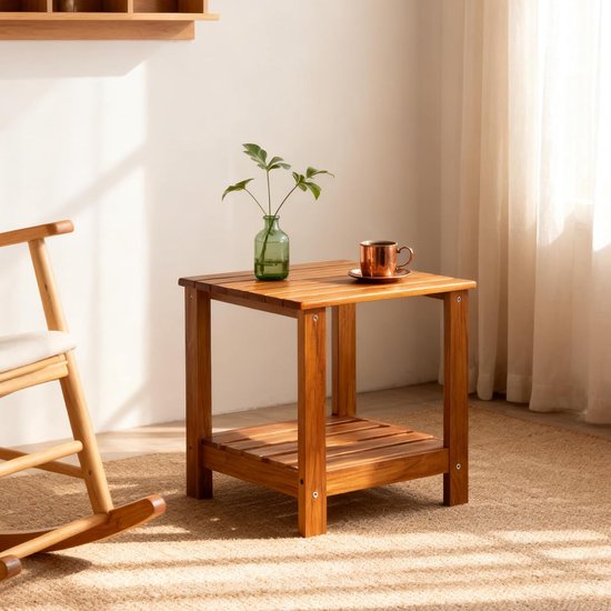 Teak Bijzettafel Buiten, Patio Eindtafel Dubbele Laag - Houten Koffie Accent Tafels voor Achtertuin, Tuin, Bed, Woonkamer, Bank — afbeelding 4