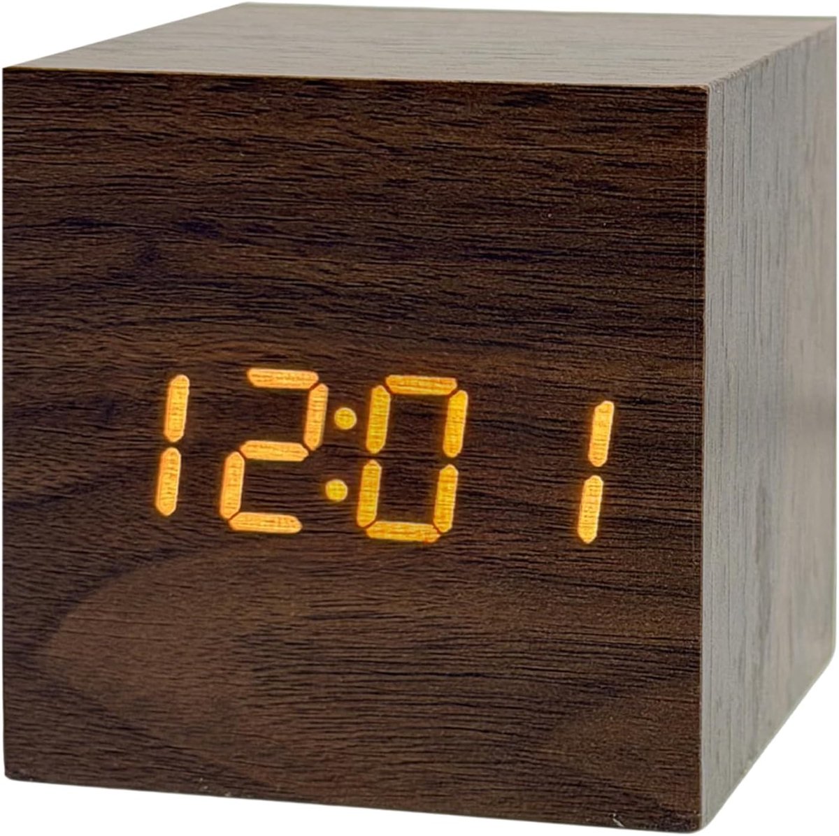 ITOMA Kleine houten wekker met 3 alarmen, handmatige dimmer, 12/24-uurs formaat en wit led-display voor slaapkamer