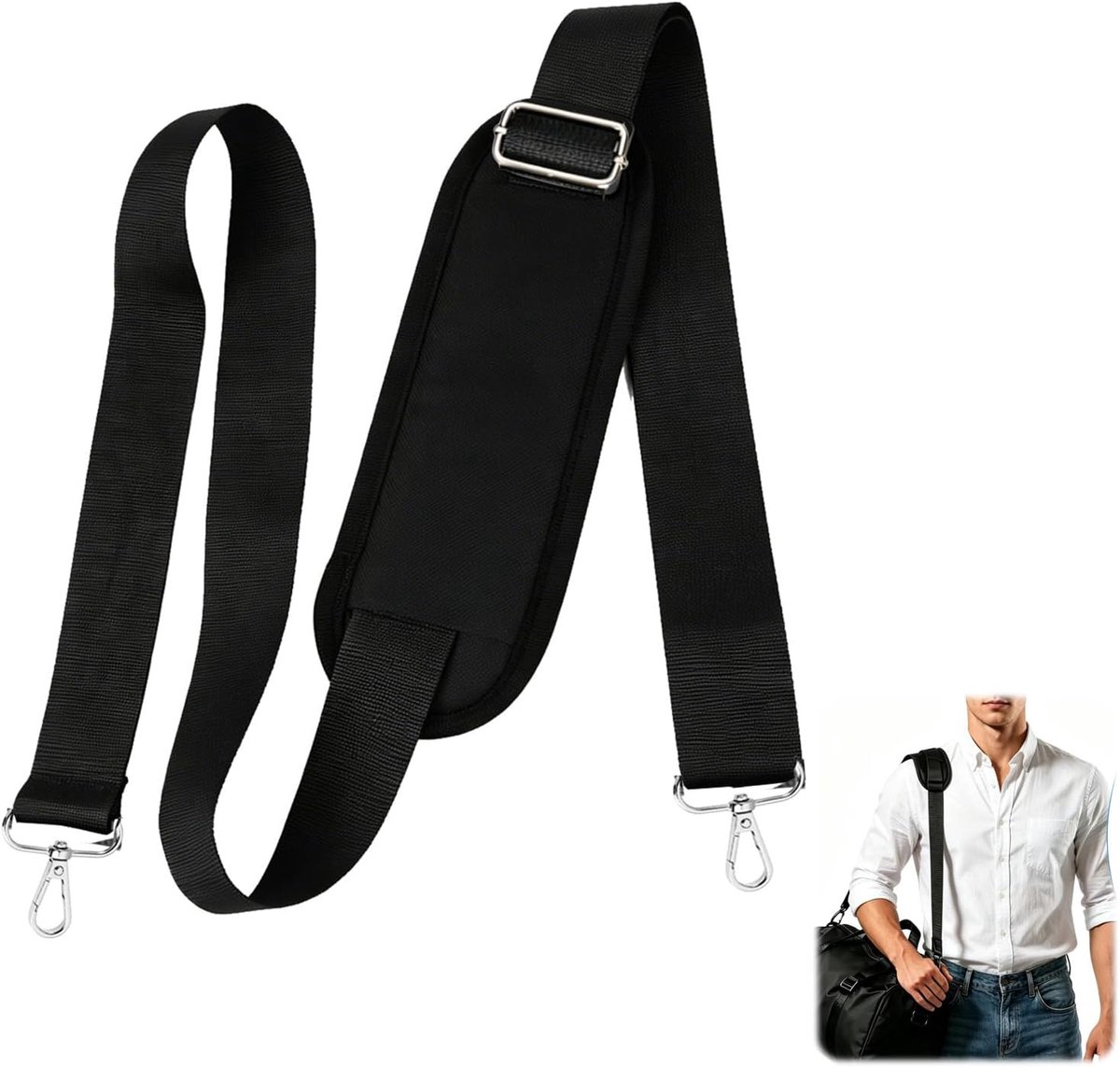 Schouderriem voor tassen, 90-160 cm, nylon draagriem met metalen haken, zwarte reserveriem voor camera-, laptop-, reis-, sport- en duffeltassen