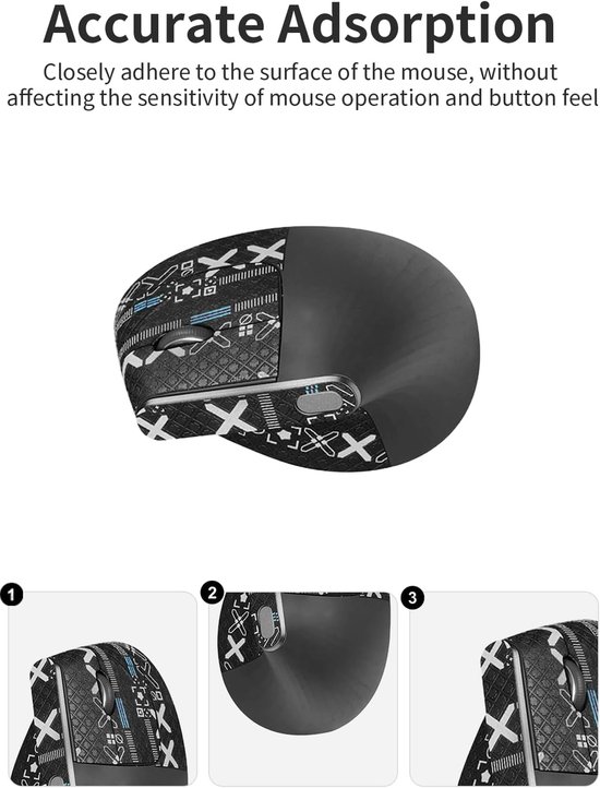 1 set muis anti-slip grip tape voor Logitech MX Vertical, zweetbestendig, eenvoudig te gebruiken, zelfklevend ontwerp, professionele muizen upgrade kit, zwart bedrukt patroon — afbeelding 4