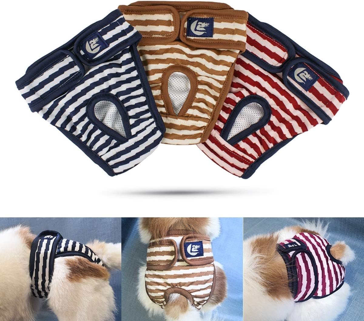 Hernieuwbare hondenluier set van 3 - Zachte, verstelbare en hygiënische beschermende broekjes voor honden in blauw, bruin en rood