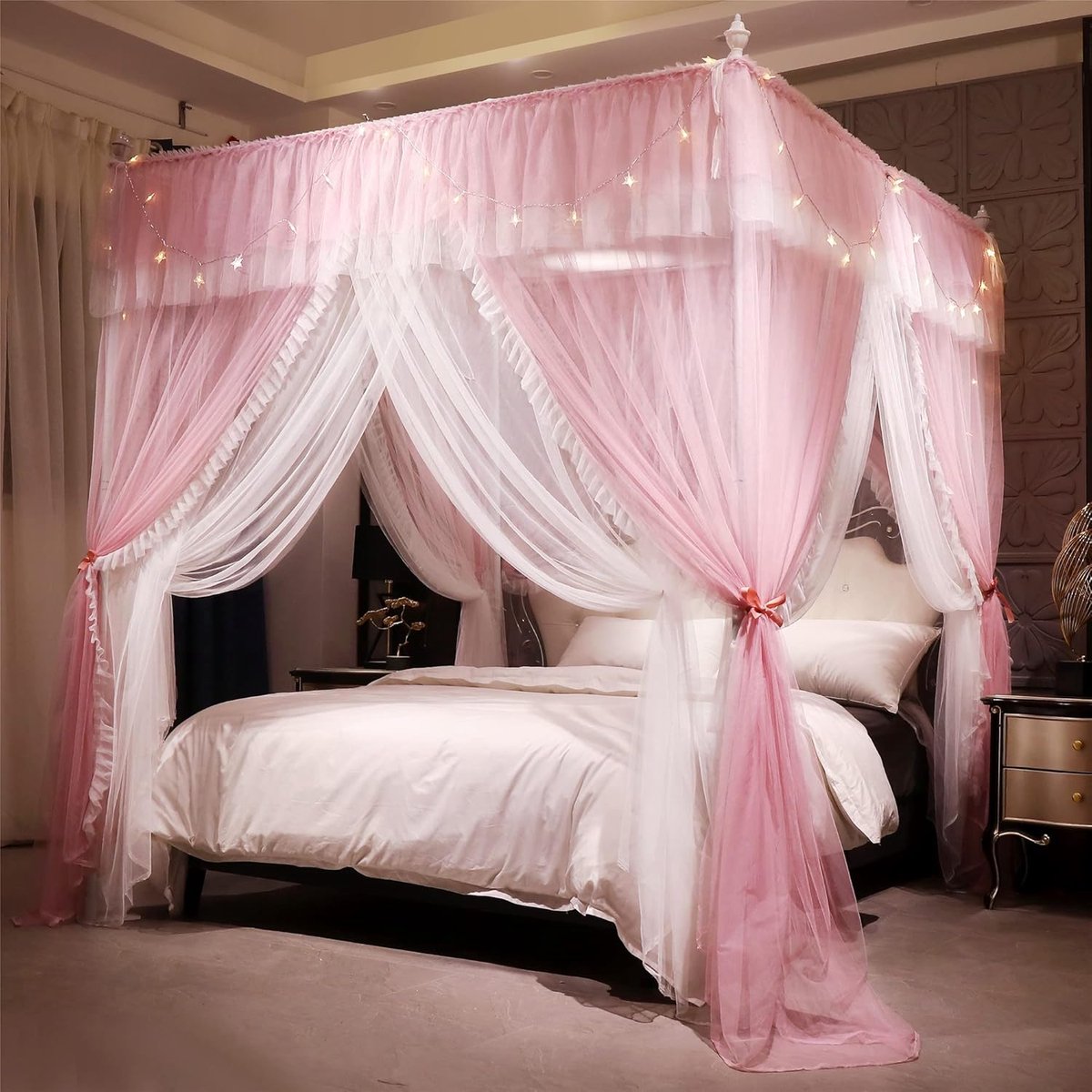 Hemelbed met Ruches Vierkant Klamboe met 4 Openingen Dubbel Laags Muskietennet voor Meisjeskamer Romantisch Zacht en Ademend(roze/wit,1,8Wx2Lx2,1H(M))