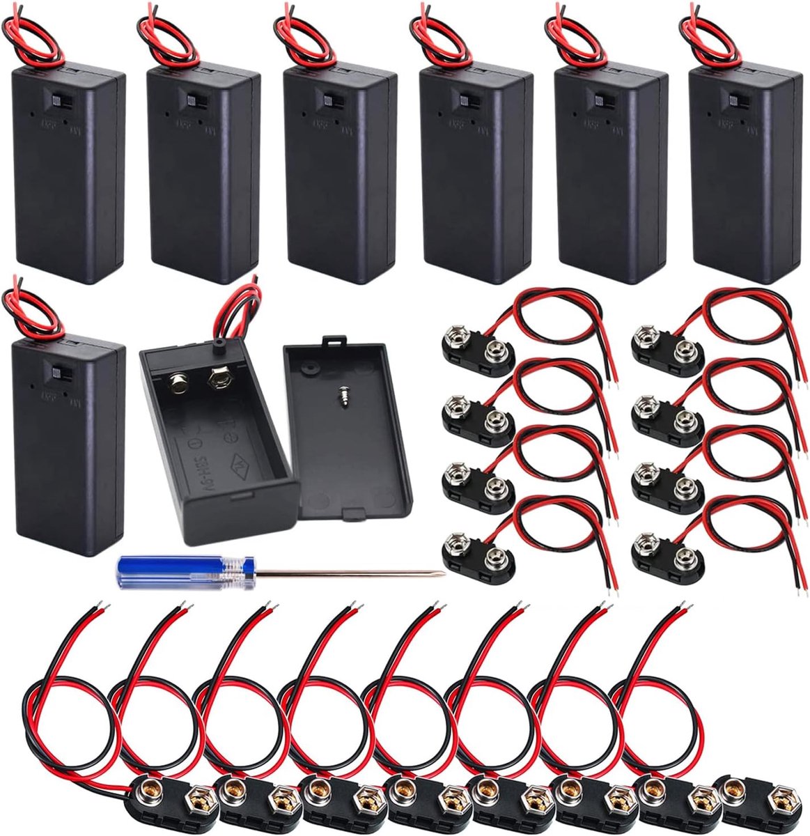 8 stuks batterijhouders met aan/uit-schakelaar en kabel, 9 V, gesloten behuizing, batterijvak accu-houder opbergdoos, 8 stuks 9 V batterijclip voor Arduino elektrisch speelgoed