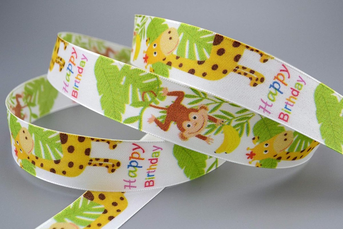 20 m x 25 mm decoratief lint kinderverjaardag aap en giraffen taftlint lint lint met vormvaste randen kinderen party verjaardag Happy Birthday cadeaulint multicolor