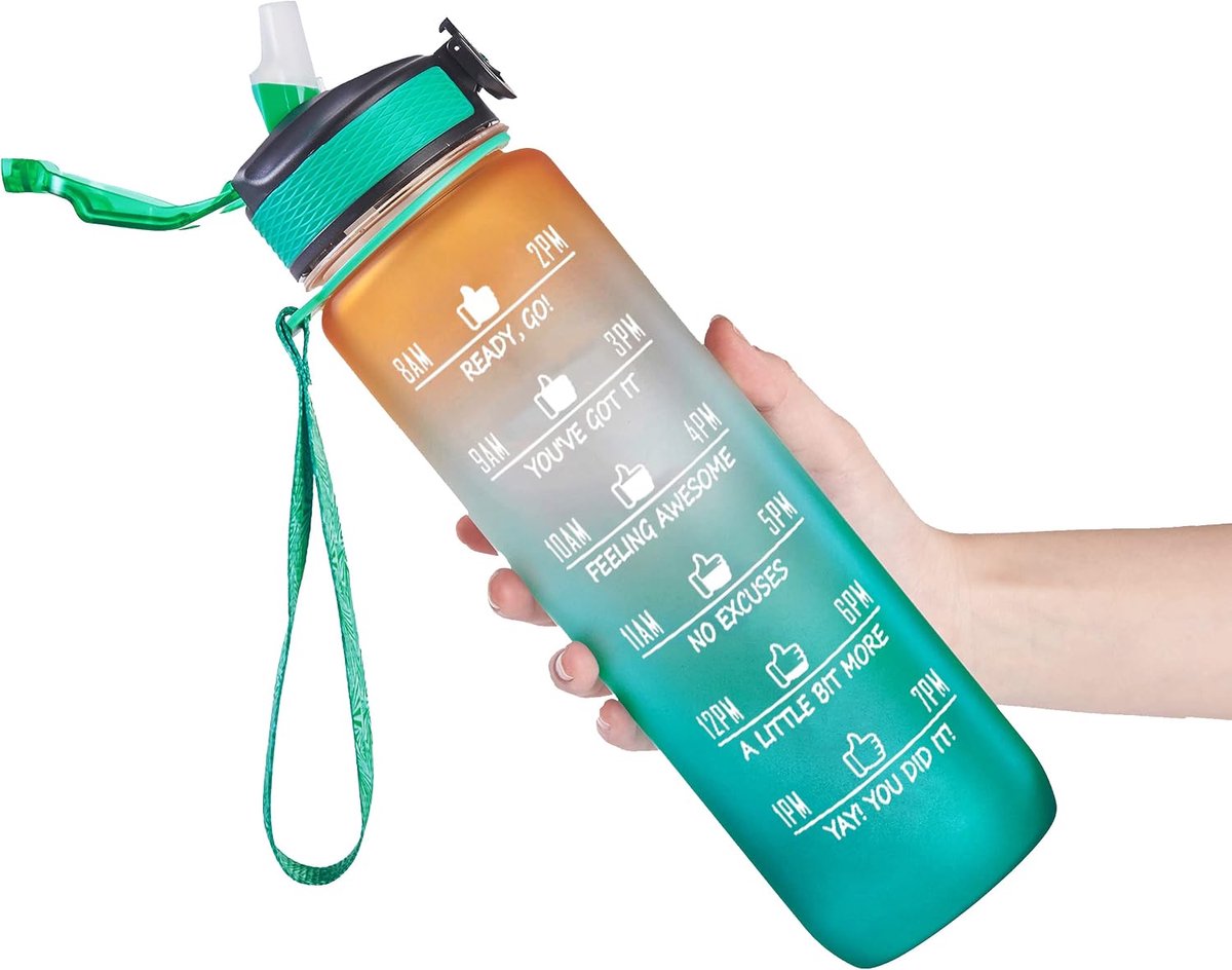 32 oz waterfles met rietje motiverende tijdmarkering, draagbare herbruikbare fitness sport en outdoor waterfles (oranje/groen verloop)
