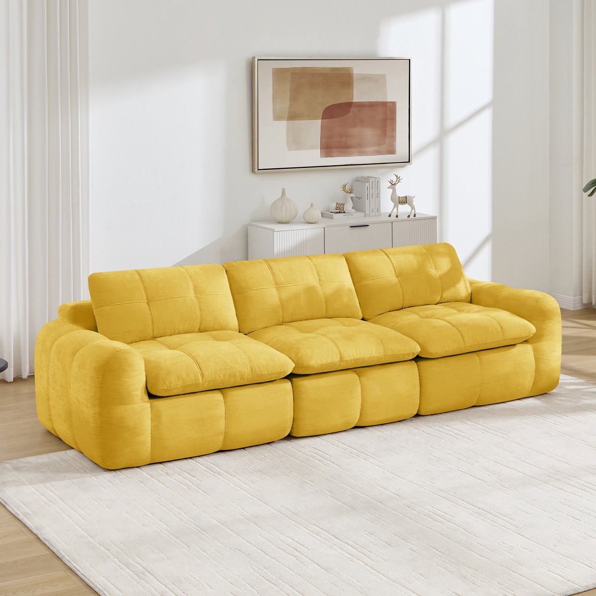 MIVRAY Bank 3-Zits 264 X 97 X 68 Cm - Frameloos Modulaire Bank Met Gestiikt Patroon En Ergonomisch Comfort - Woonkamer - Chenille - Geel
