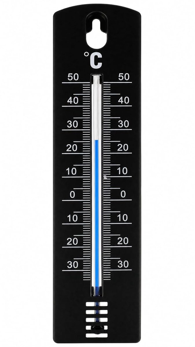 Analoge binnen- en buitenthermometer, 20 cm, zwart, tuinthermometer, kamerthermometer, balkonthermometer, weerbestendig van kunststof, temperatuurbereik -34 tot +50 °C