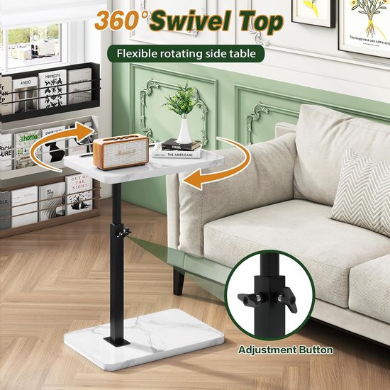 C-vormige bijzettafel, 360° draaibare in hoogte verstelbare eindtafel voor kleine ruimtes, met sleuf voor telefoon en tablet, moderne kleine koffietafel voor bank/bed, zwart en wit TVT003BW — afbeelding 3