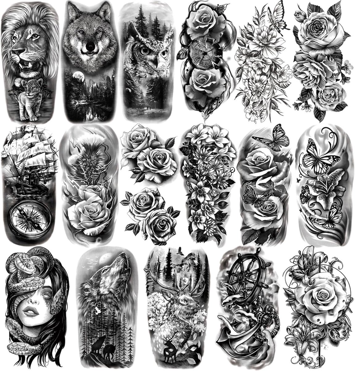 Tijdelijke tattoo voor meisjes of jongens kinderen 17 vellen halve arm wolf tijger leeuw nep-tatoeages voor mannen of vrouwen en 60 vellen kleine bloemstickers