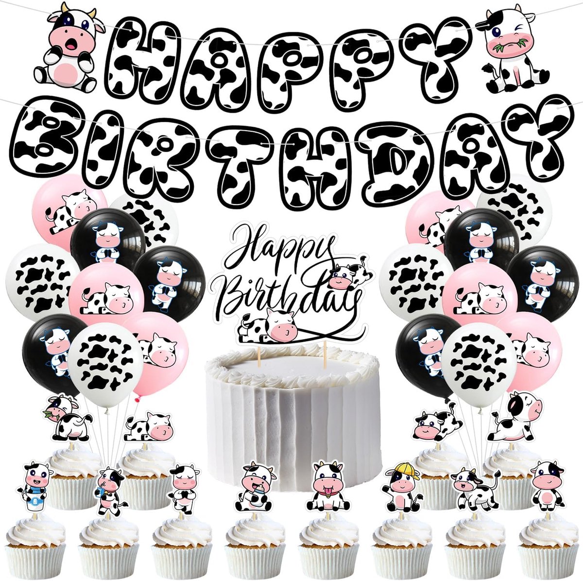 32-delige decoratieset voor een verjaardagsfeest in zwart-roze koeienmotief, dierthema, cupcake-borden, ballonnen, wimpelslinger, verjaardagsdecoratie, decoratie voor tuinliefhebbers