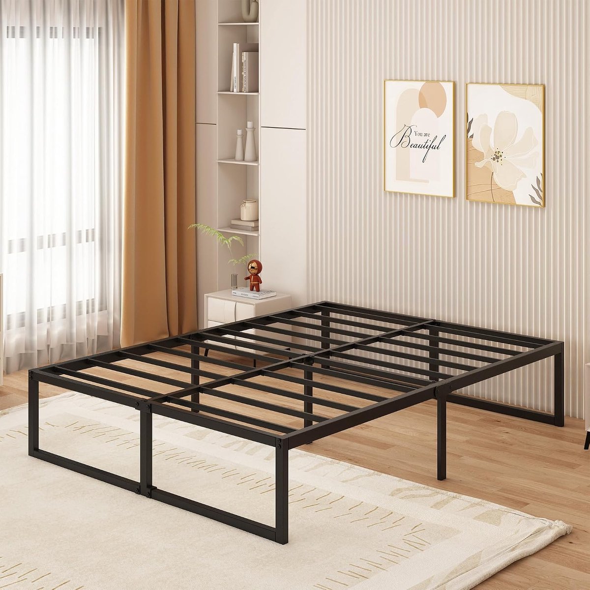 Bedframe 160x200 cm - 46 cm Hoogte met Opbergruimte Onder het Bed, Metalen Tweepersoonsbedframe met Zware Metalen Latten voor Stabiele Ondersteuning, Eenvoudige Montage, Geruisloos, Zwart
