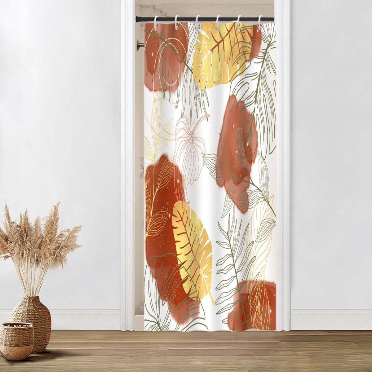 Douchegordijn, smal, 90 x 180 cm, schimmelwerend, rood, aquarel, boho-stijl, tropisch, abstract, palmbladeren, jungle, douchegordijnen, waterdichte stof, wasbaar, badgordijn met 6 haken