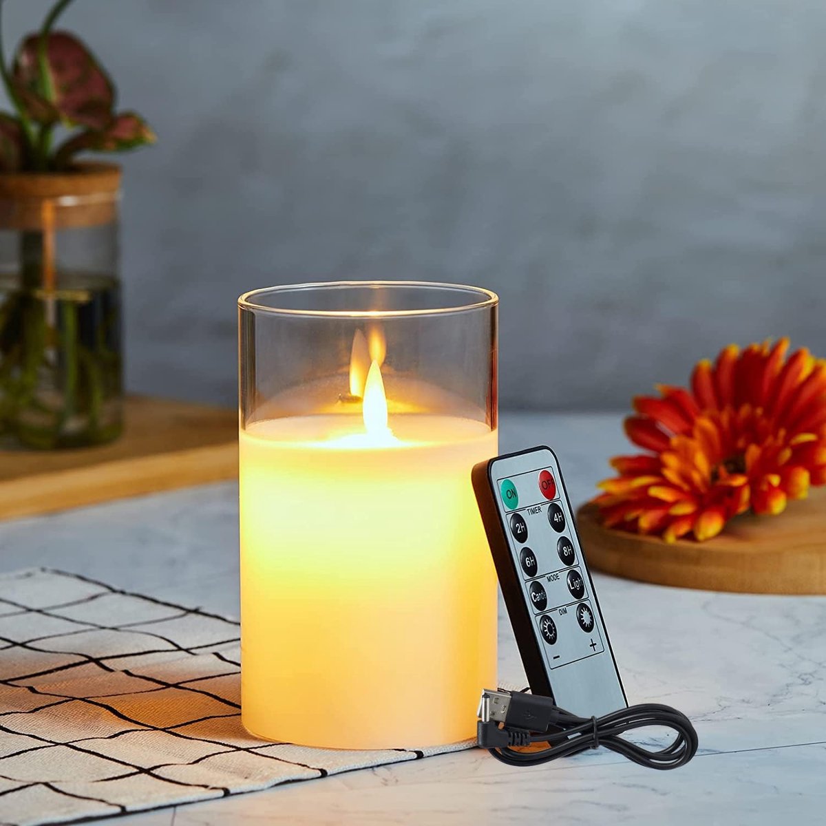Oplaadbare LED Kaarsen met Afstandsbediening, Vlamloze Batterij Werkende Kaarsen met Glazen Kopje, Kerstkaarsen met USB-kabel, Flikkerende LED-Kaarsen voor Bruiloft, Feest (12.5cm)