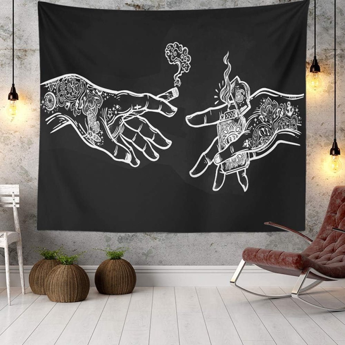Wandtapijt Wit en Zwart Bloemenhanden, Grappig Hippie Boho Nieuw Wandtapijt Wandbehang, Kunst Decor Print Stof voor Slaapkamer Woonkamer College Dorm, 300 * 180 cm